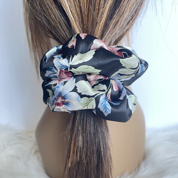 Silky Black Floral Print Scrunchie, Hair Bows - Picture 1 of 3